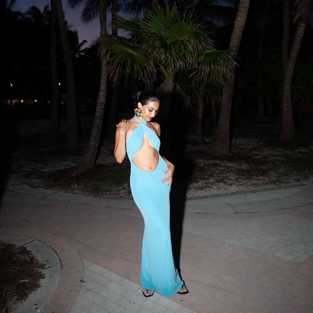 Tiger Mist Blue One Shoulder Maxi Dress